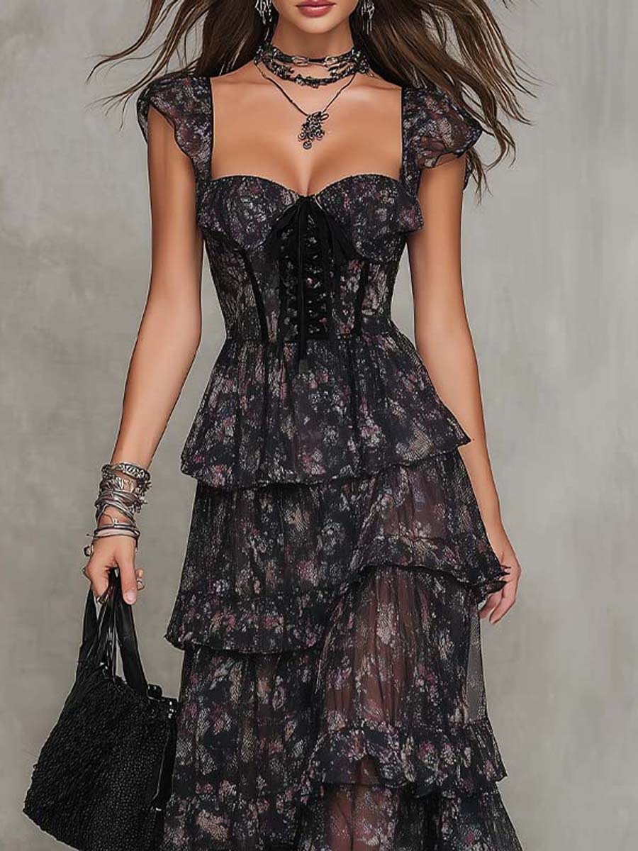 Gothic Floral Corset Tiered Chiffon Maxi Dress