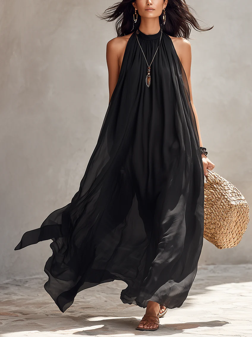 Black Chiffon Halter-neck Pleated Maxi Dress