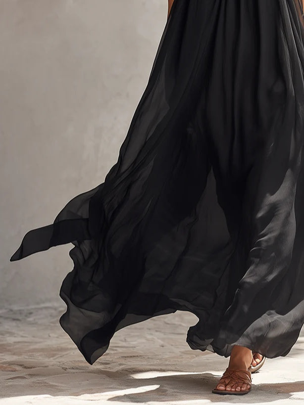 Black Chiffon Halter-neck Pleated Maxi Dress