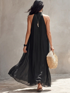 Black Chiffon Halter-neck Pleated Maxi Dress