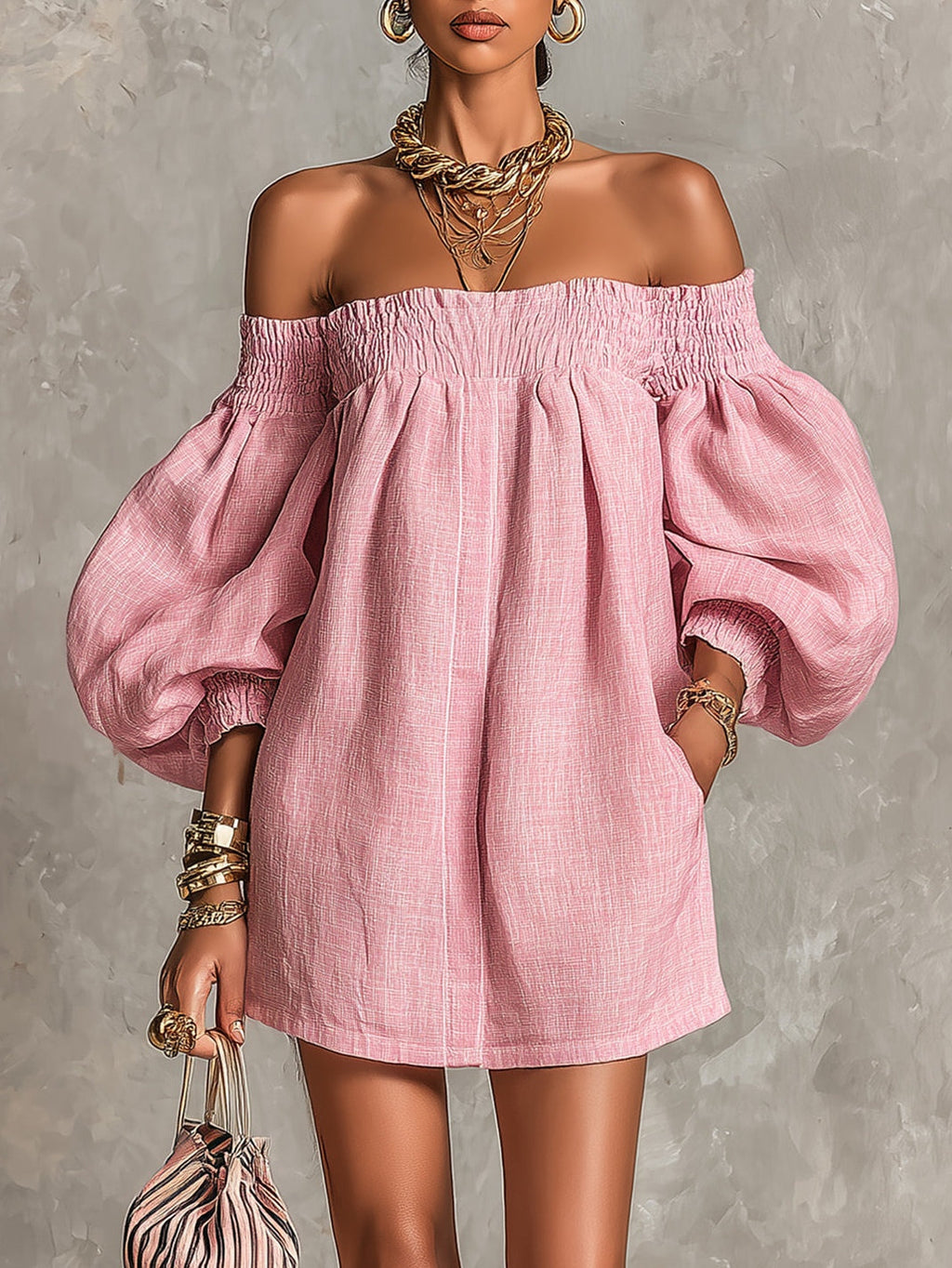 Pink Off-shoulder Lantern Sleeve A-line Loose Mini Dress