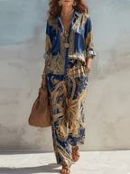 Navy Baroque Print Shirt And Wide-leg Pants Two-piece Set