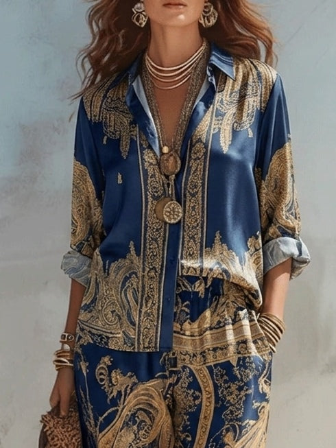 Navy Baroque Print Shirt And Wide-leg Pants Two-piece Set
