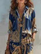 Navy Baroque Print Shirt And Wide-leg Pants Two-piece Set