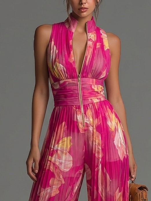 Fuchsia Floral Print Sleeveless Zippered Pleated Wide-leg Chiffon Jumpsuit