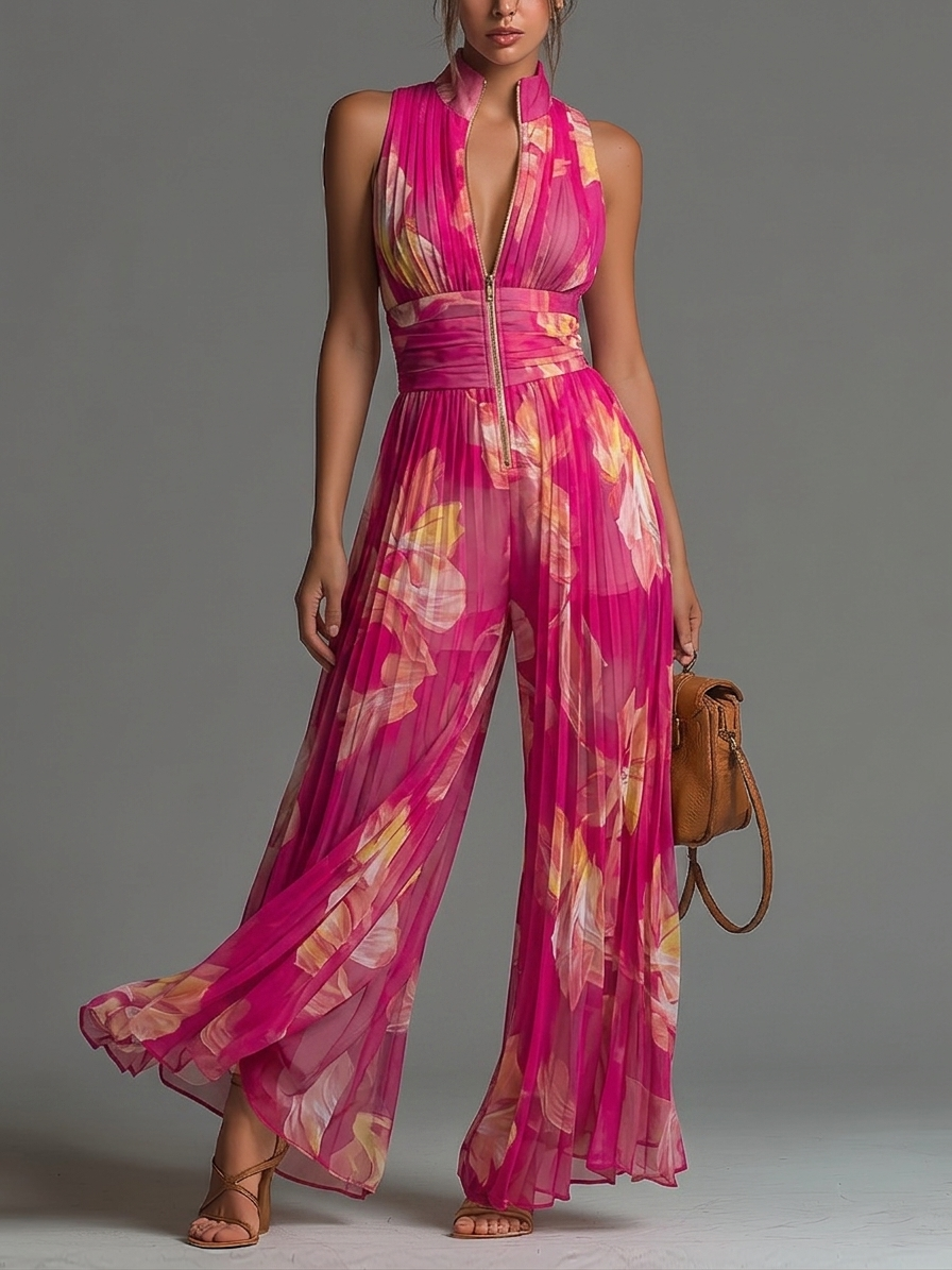Fuchsia Floral Print Sleeveless Zippered Pleated Wide-leg Chiffon Jumpsuit