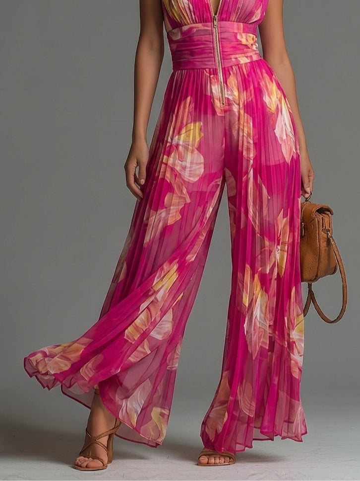 Fuchsia Floral Print Sleeveless Zippered Pleated Wide-leg Chiffon Jumpsuit
