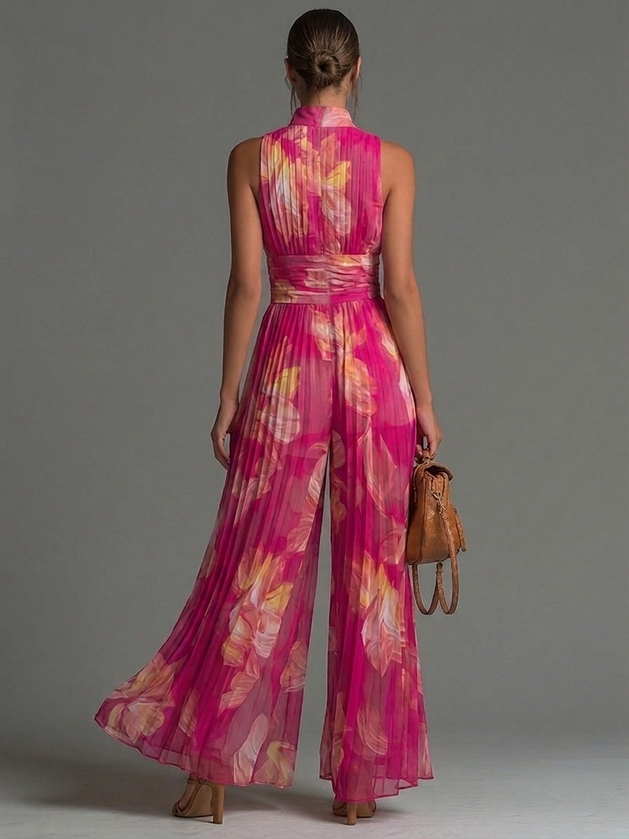 Fuchsia Floral Print Sleeveless Zippered Pleated Wide-leg Chiffon Jumpsuit