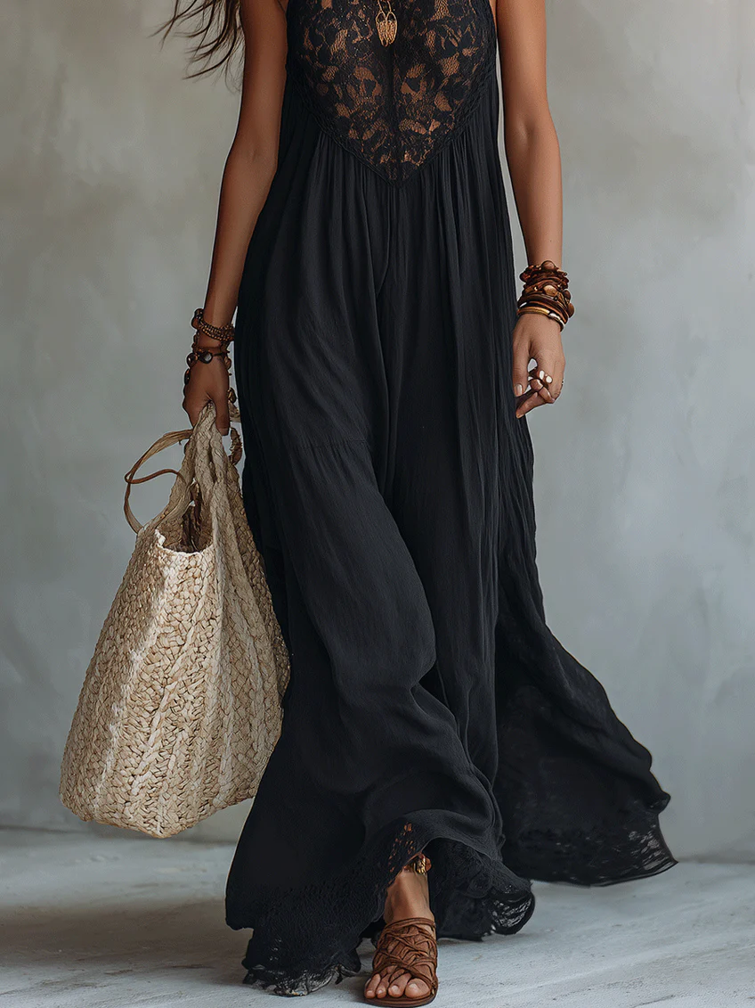 Bohemian Black Sleeveless Lace-Trimmed Maxi Dress
