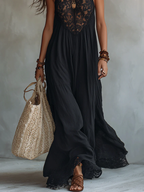 Bohemian Black Sleeveless Lace-Trimmed Maxi Dress