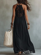 Bohemian Black Sleeveless Lace-Trimmed Maxi Dress