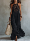 Bohemian Black Sleeveless Lace-Trimmed Maxi Dress