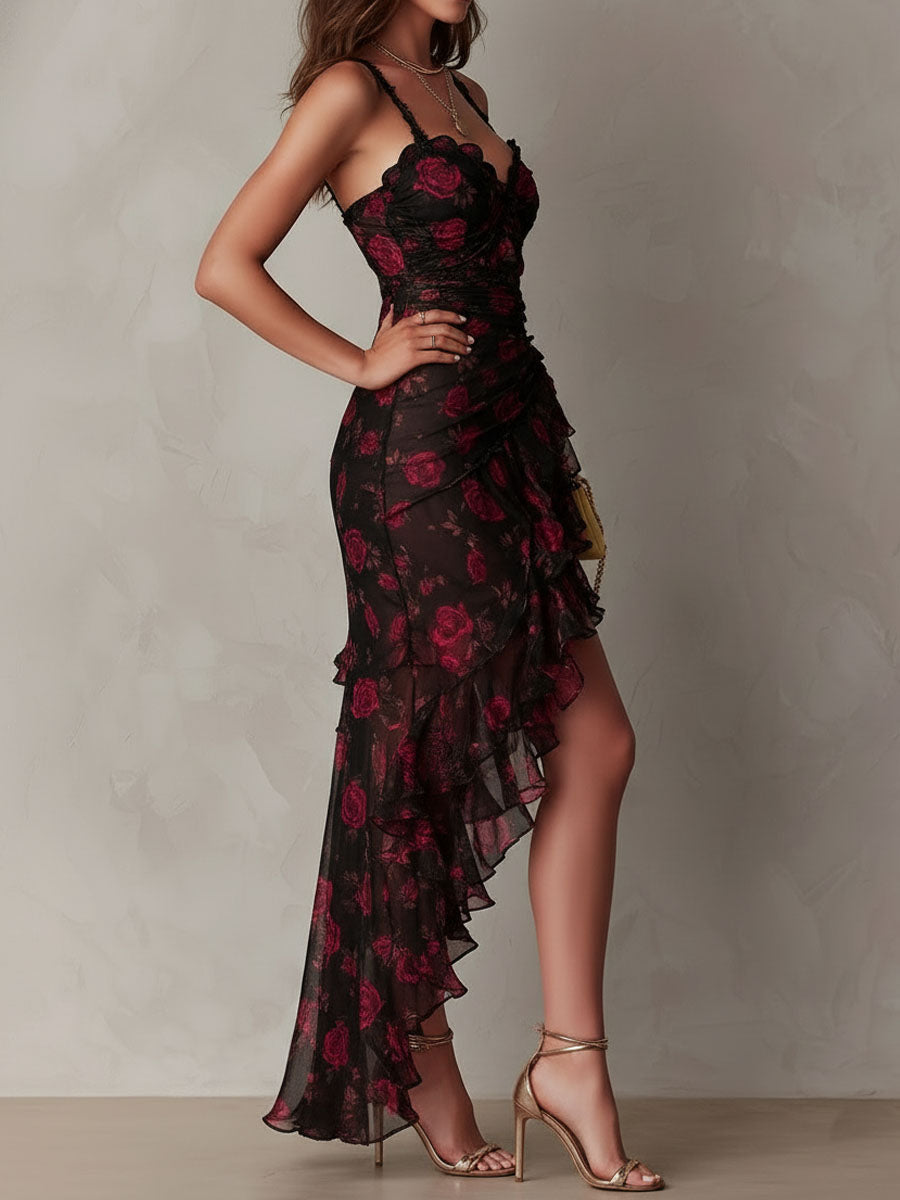 Chic Black And Red Floral Ruched Ruffle Hem Dress