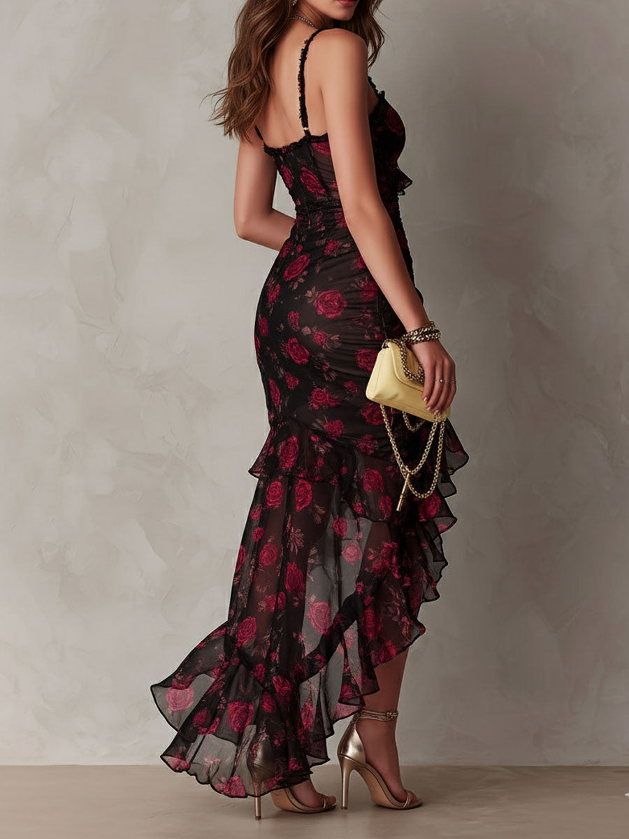 Chic Black And Red Floral Ruched Ruffle Hem Dress
