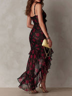 Chic Black And Red Floral Ruched Ruffle Hem Dress