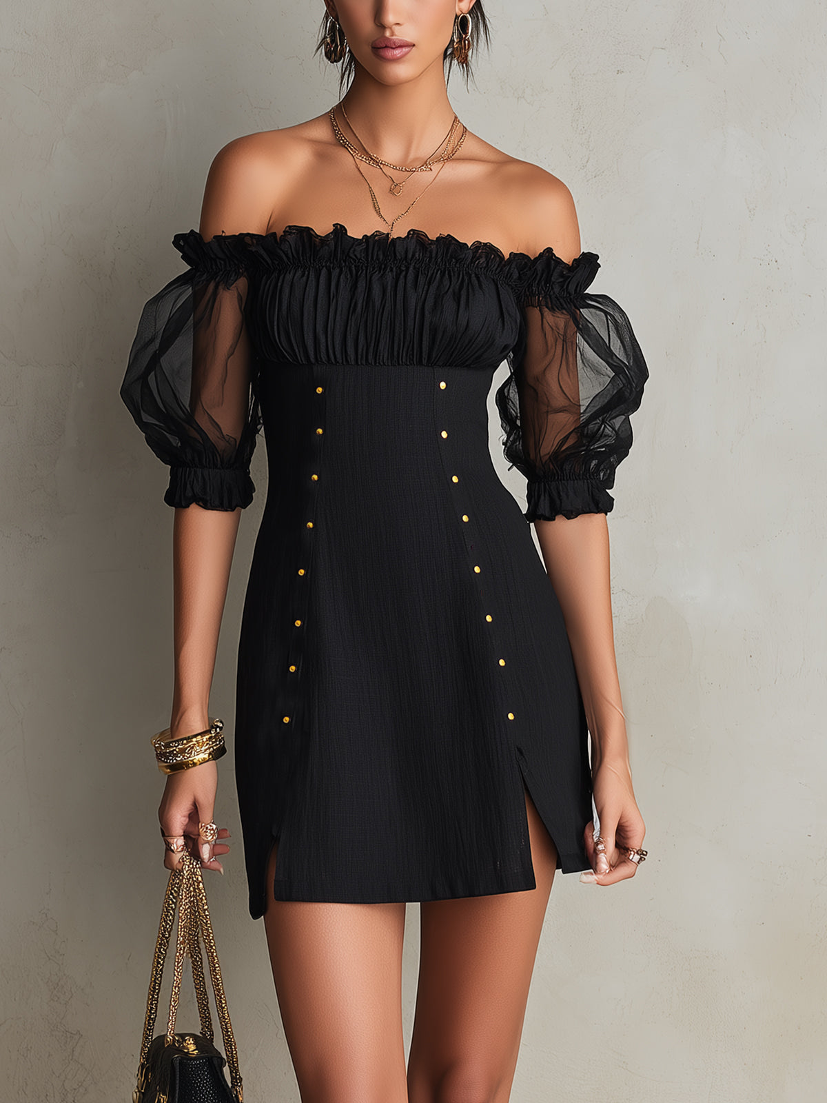 Black Off-Shoulder Puff Sleeve Studded Mini Dress