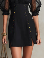 Black Off-Shoulder Puff Sleeve Studded Mini Dress