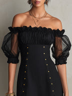 Black Off-Shoulder Puff Sleeve Studded Mini Dress