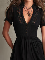 Black Pleated Waist Lace-trimmed Mini Dress