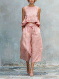 Solid Color Faux Linen Ruffled Wide-leg Capri Pants Suit