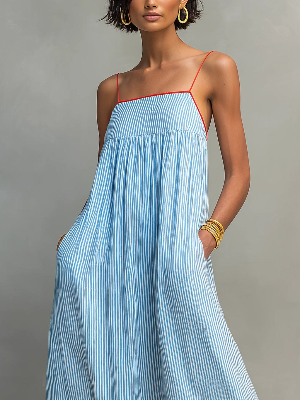 Blue And Red Trim Striped Maxi Dress With Spaghetti Straps