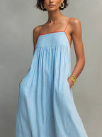 Blue And Red Trim Striped Maxi Dress With Spaghetti Straps