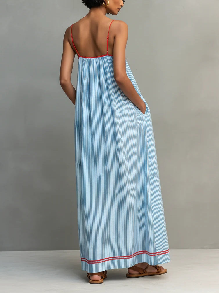 Blue And Red Trim Striped Maxi Dress With Spaghetti Straps