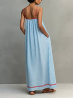 Blue And Red Trim Striped Maxi Dress With Spaghetti Straps