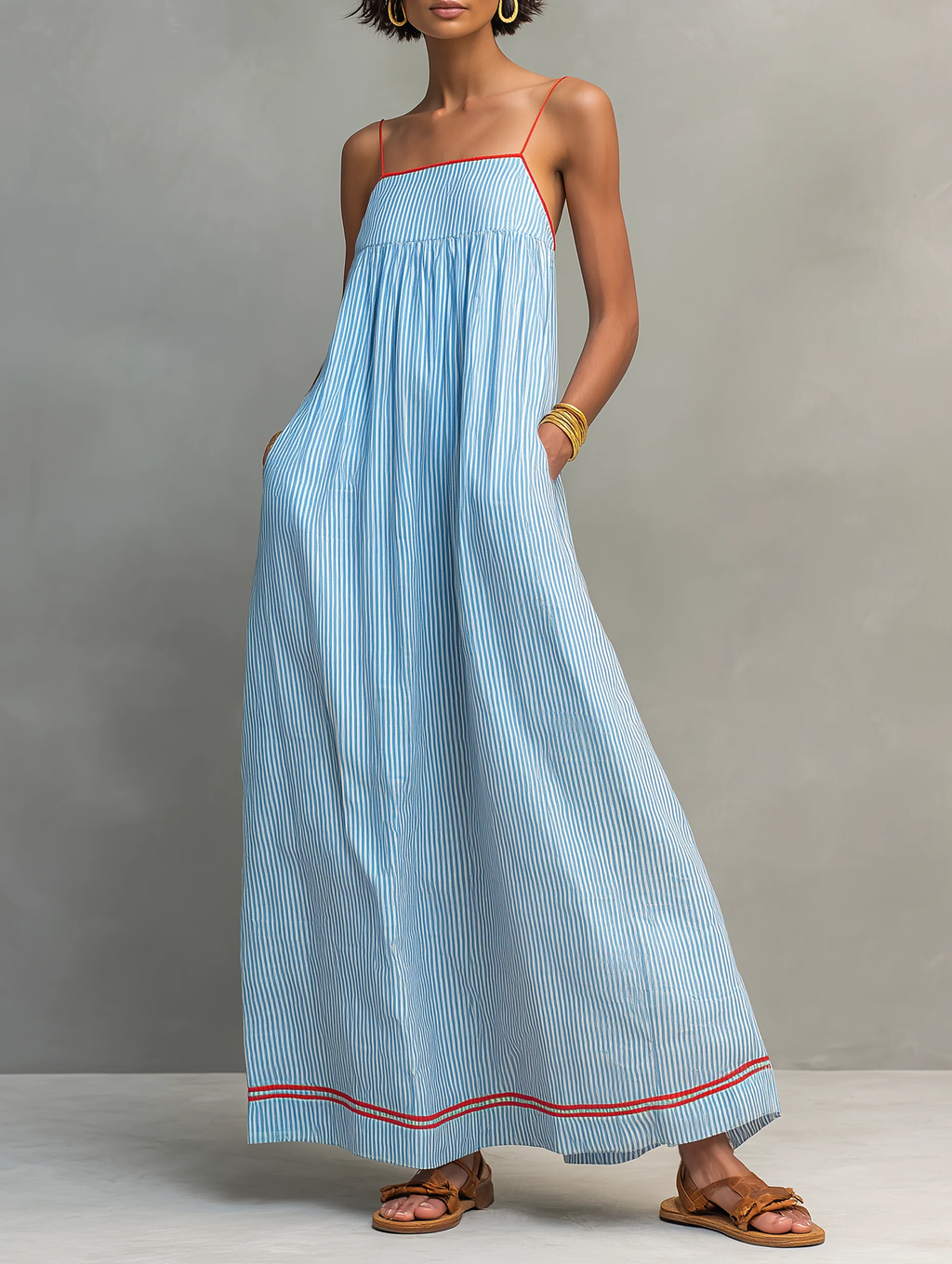 Blue And Red Trim Striped Maxi Dress With Spaghetti Straps
