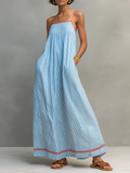 Blue And Red Trim Striped Maxi Dress With Spaghetti Straps