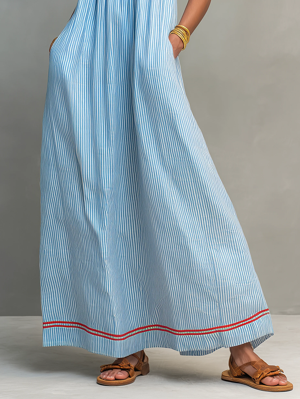 Blue And Red Trim Striped Maxi Dress With Spaghetti Straps