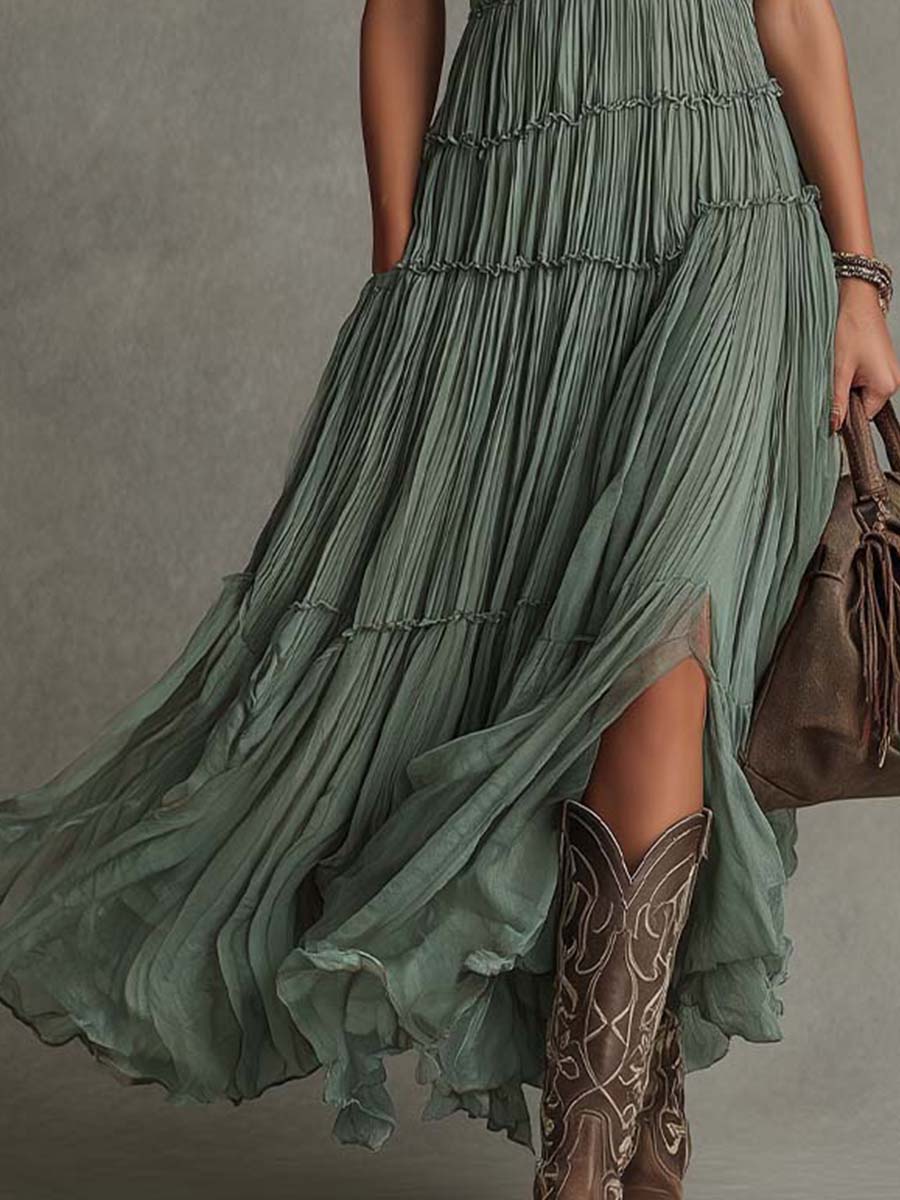 Sage Green Pleated Chiffon V-neck Flowing Maxi Dress