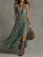 Sage Green Pleated Chiffon V-neck Flowing Maxi Dress