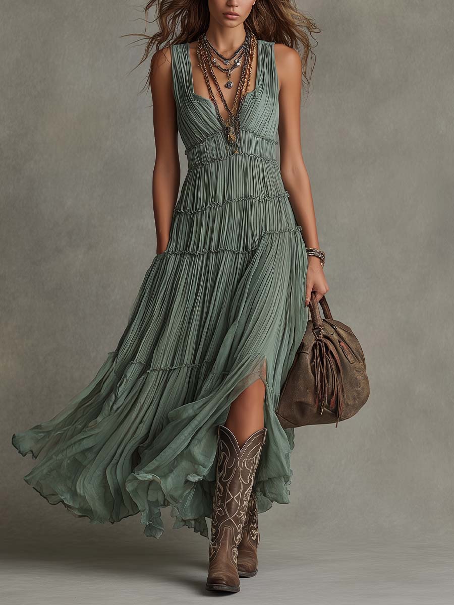 Sage Green Pleated Chiffon V-neck Flowing Maxi Dress
