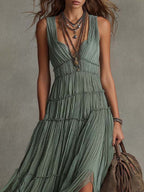 Sage Green Pleated Chiffon V-neck Flowing Maxi Dress