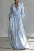 Blue Deep V-neck Three-dimensional Floral Maxi Dress
