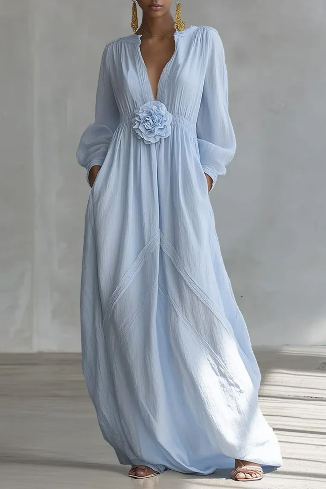Blue Deep V-neck Three-dimensional Floral Maxi Dress