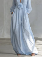 Blue Deep V-neck Three-dimensional Floral Maxi Dress