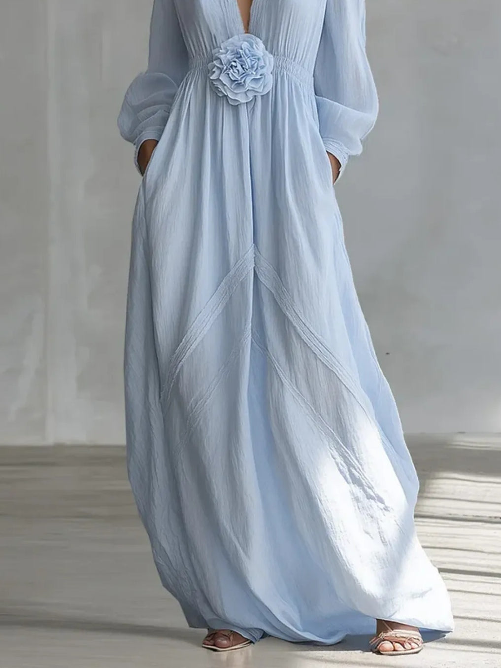 Blue Deep V-neck Three-dimensional Floral Maxi Dress