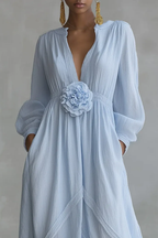 Blue Deep V-neck Three-dimensional Floral Maxi Dress