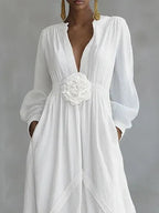 White Deep V-neck Three-dimensional Floral Maxi Dress