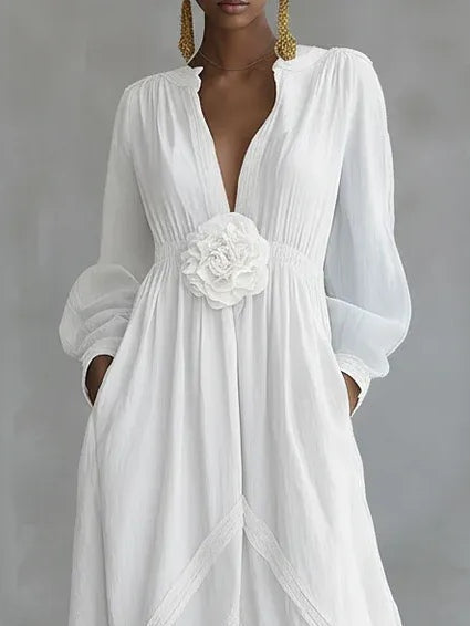 White Deep V-neck Three-dimensional Floral Maxi Dress