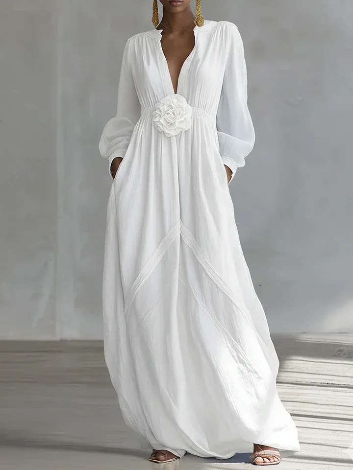 White Deep V-neck Three-dimensional Floral Maxi Dress