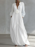 White Deep V-neck Three-dimensional Floral Maxi Dress