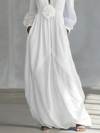 White Deep V-neck Three-dimensional Floral Maxi Dress