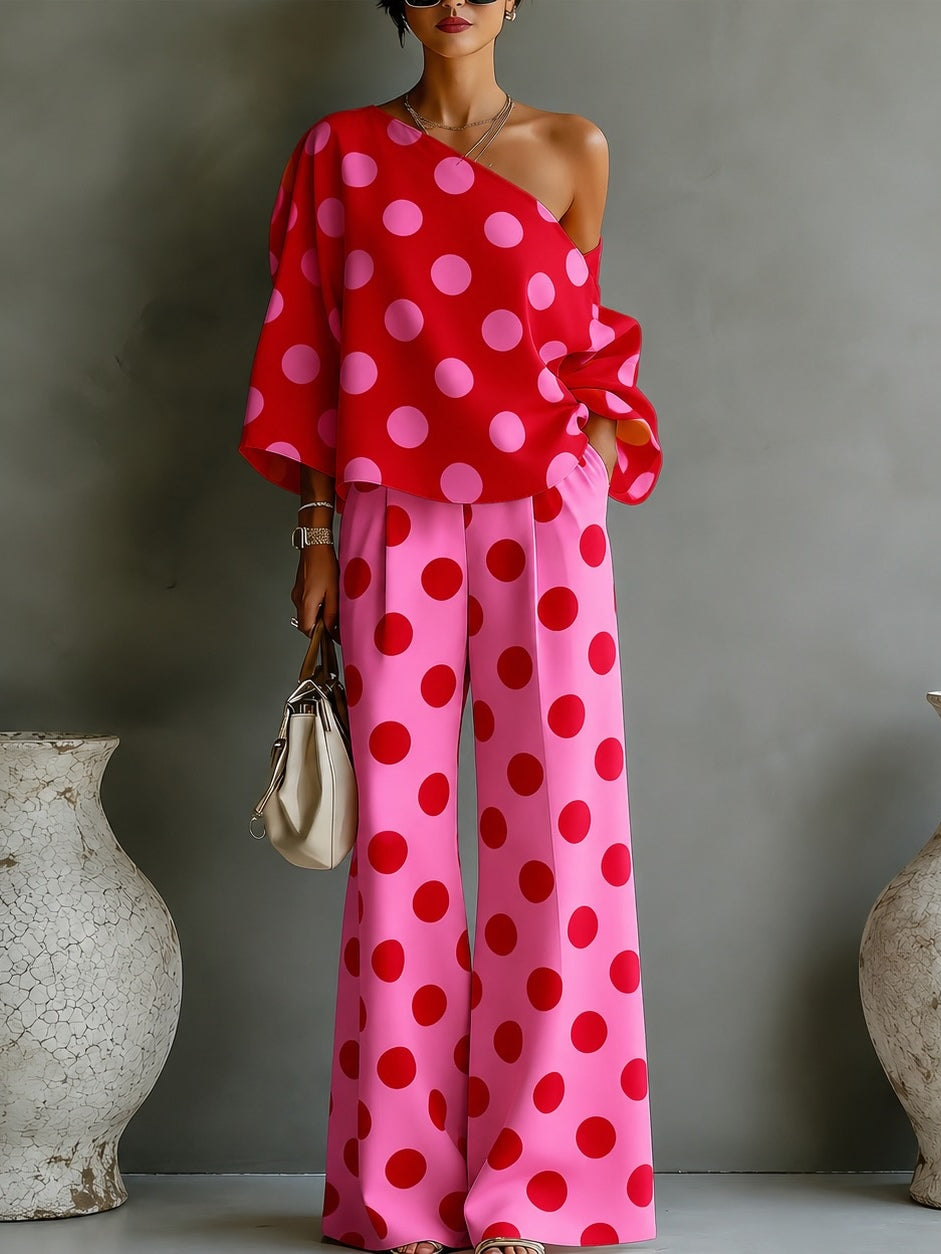 Retro Pink Polka Dot Off-shoulder Top And Wide-leg Pants Two-piece Set