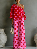 Retro Pink Polka Dot Off-shoulder Top And Wide-leg Pants Two-piece Set
