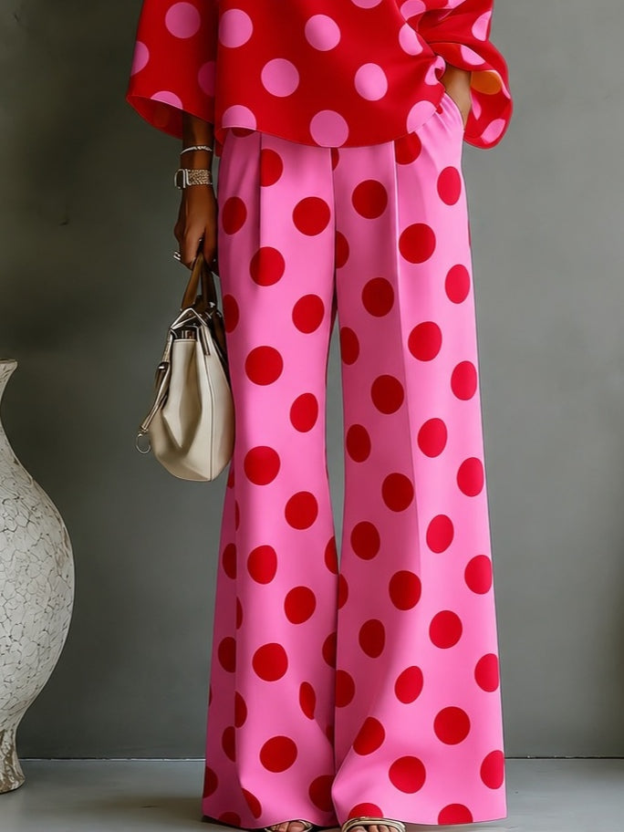 Retro Pink Polka Dot Off-shoulder Top And Wide-leg Pants Two-piece Set