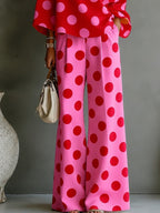 Retro Pink Polka Dot Off-shoulder Top And Wide-leg Pants Two-piece Set