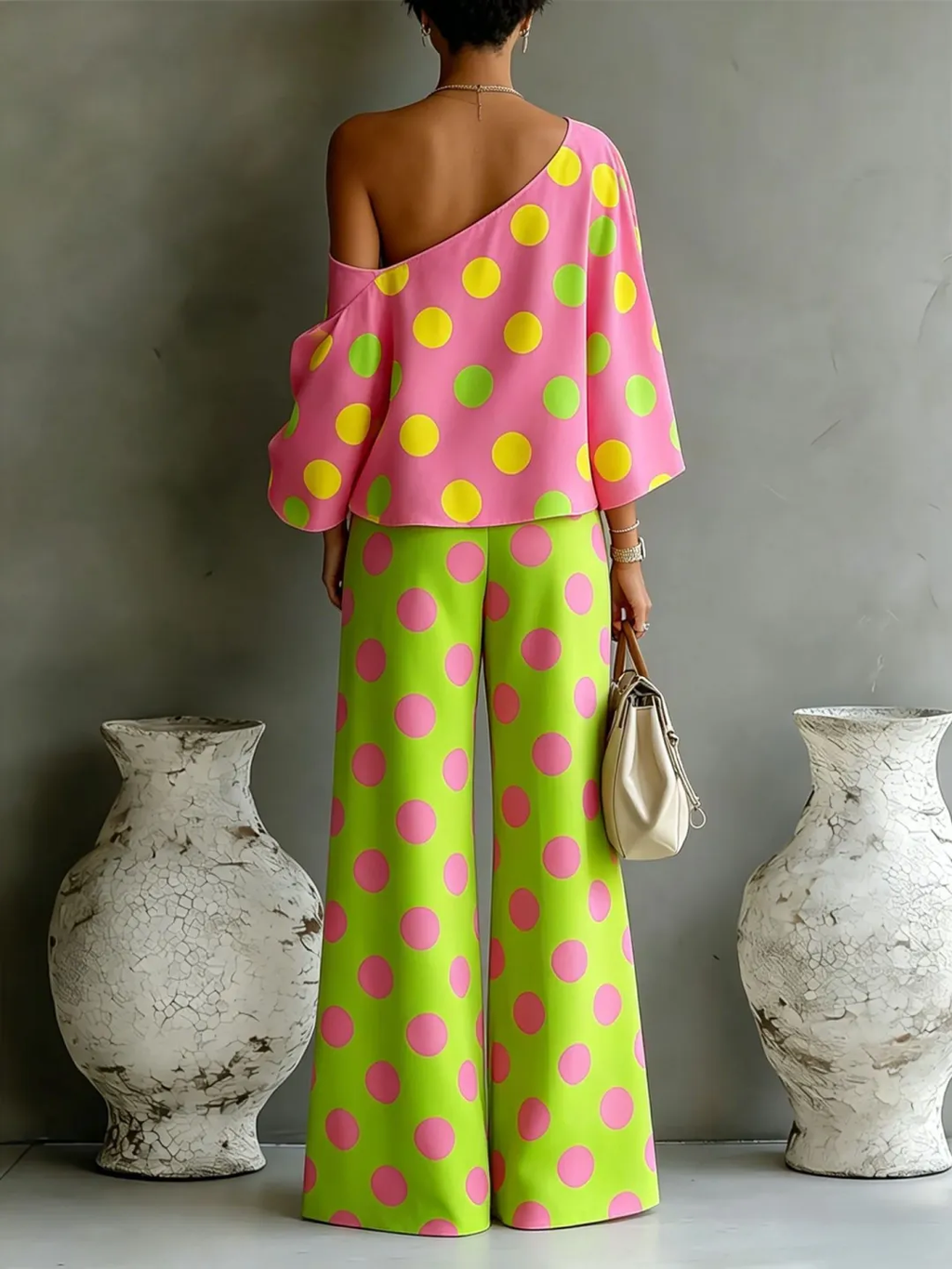 Colorful Polka Dot off-shoulder Top And Wide-leg Pants Two-piece Set